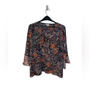 J. Jill Top Large Womens Orange Black Floral Paisley 3/4 Sleeve Blouse Sheer